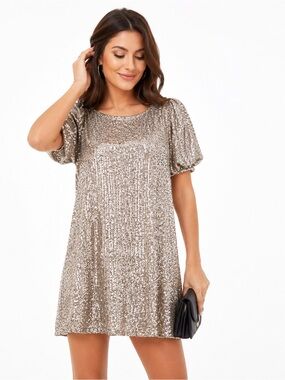 Cable & Gauge Sequin Shift Dress Women’s L Champagne Silver Puff Sleeve Party